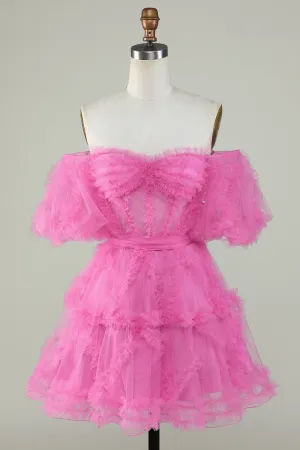 Pink Off-the-Shoulder A-Line Tulle Homecoming Dress