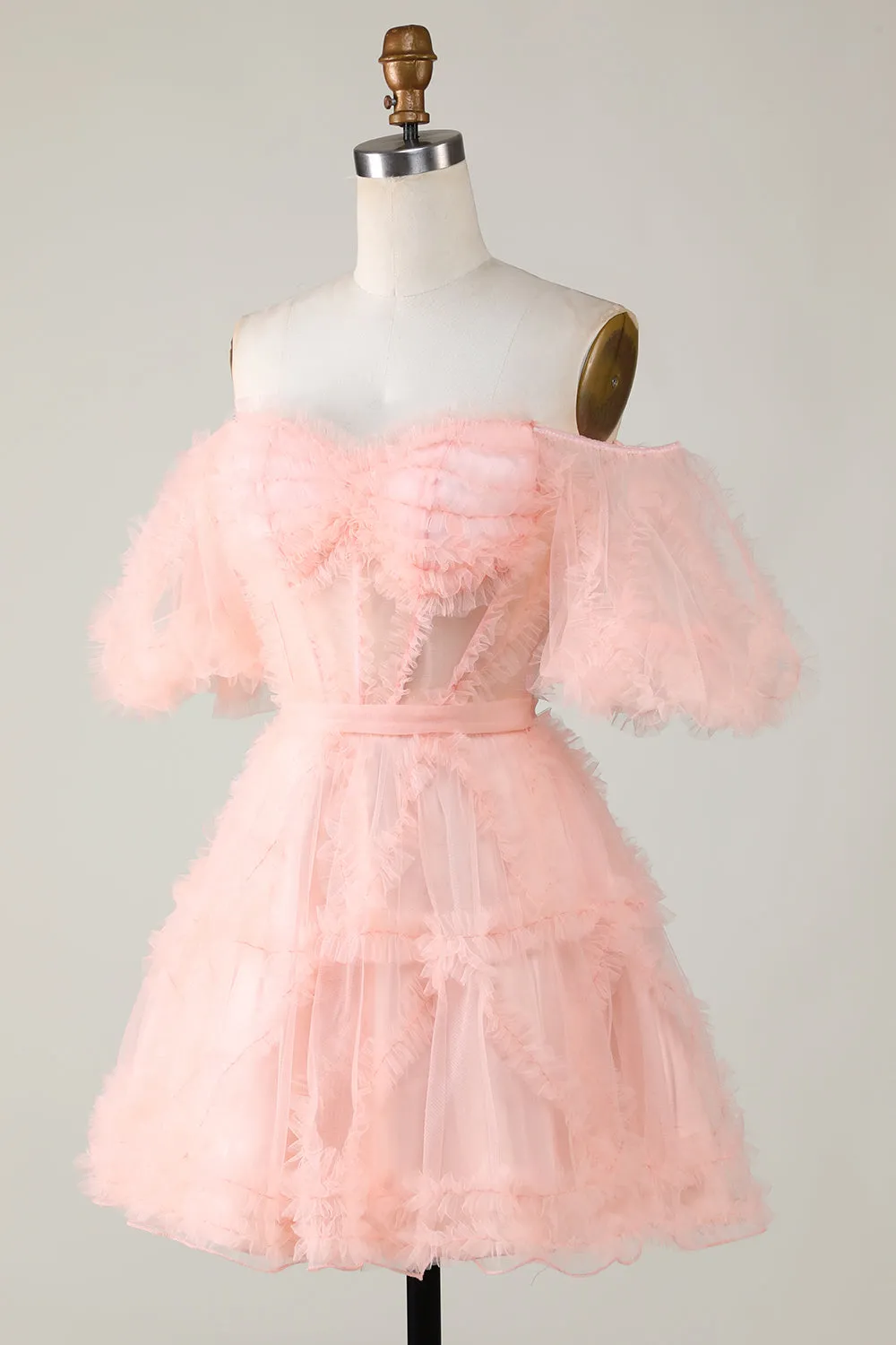 Pink Off-the-Shoulder A-Line Tulle Homecoming Dress