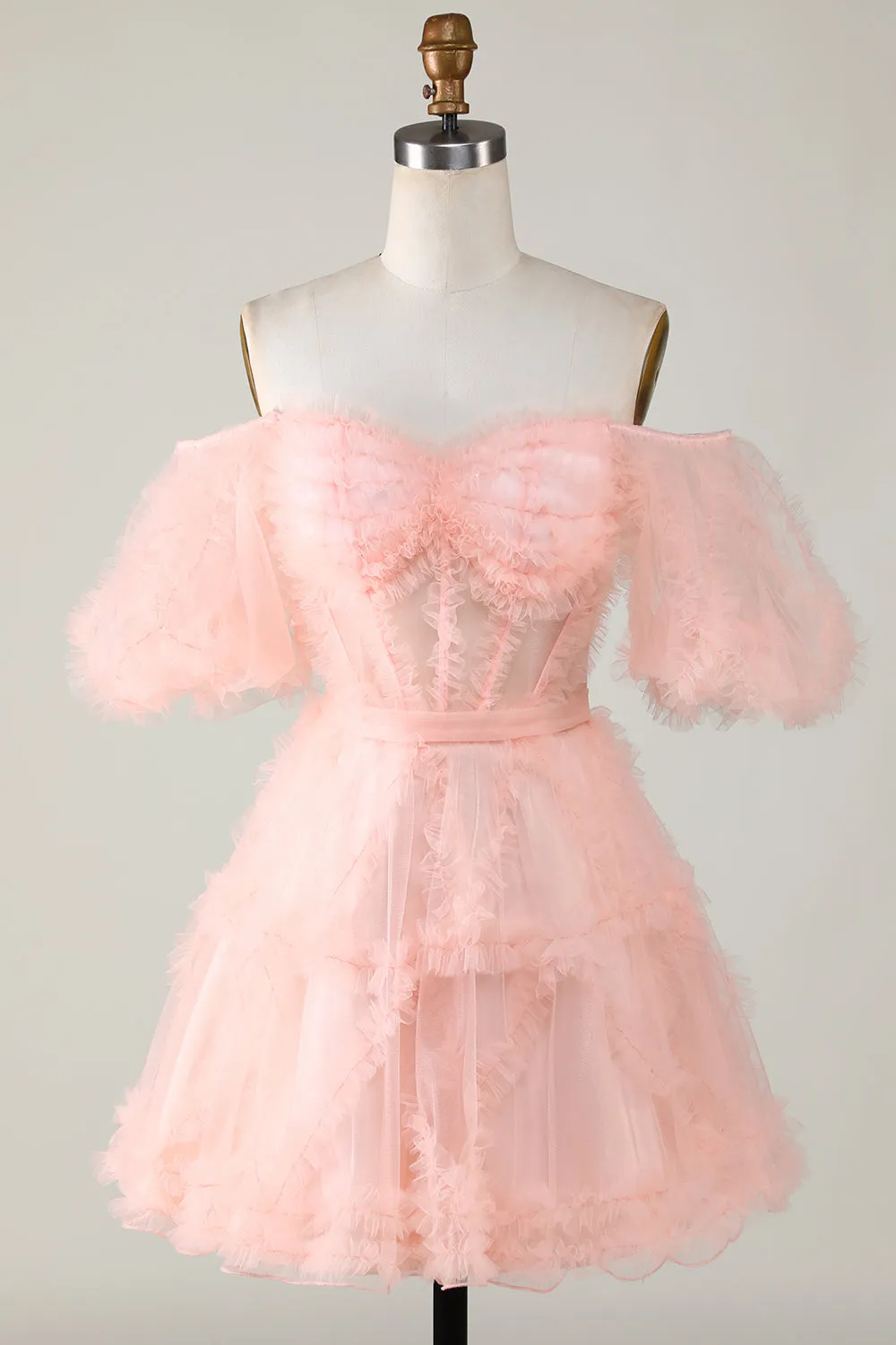 Pink Off-the-Shoulder A-Line Tulle Homecoming Dress