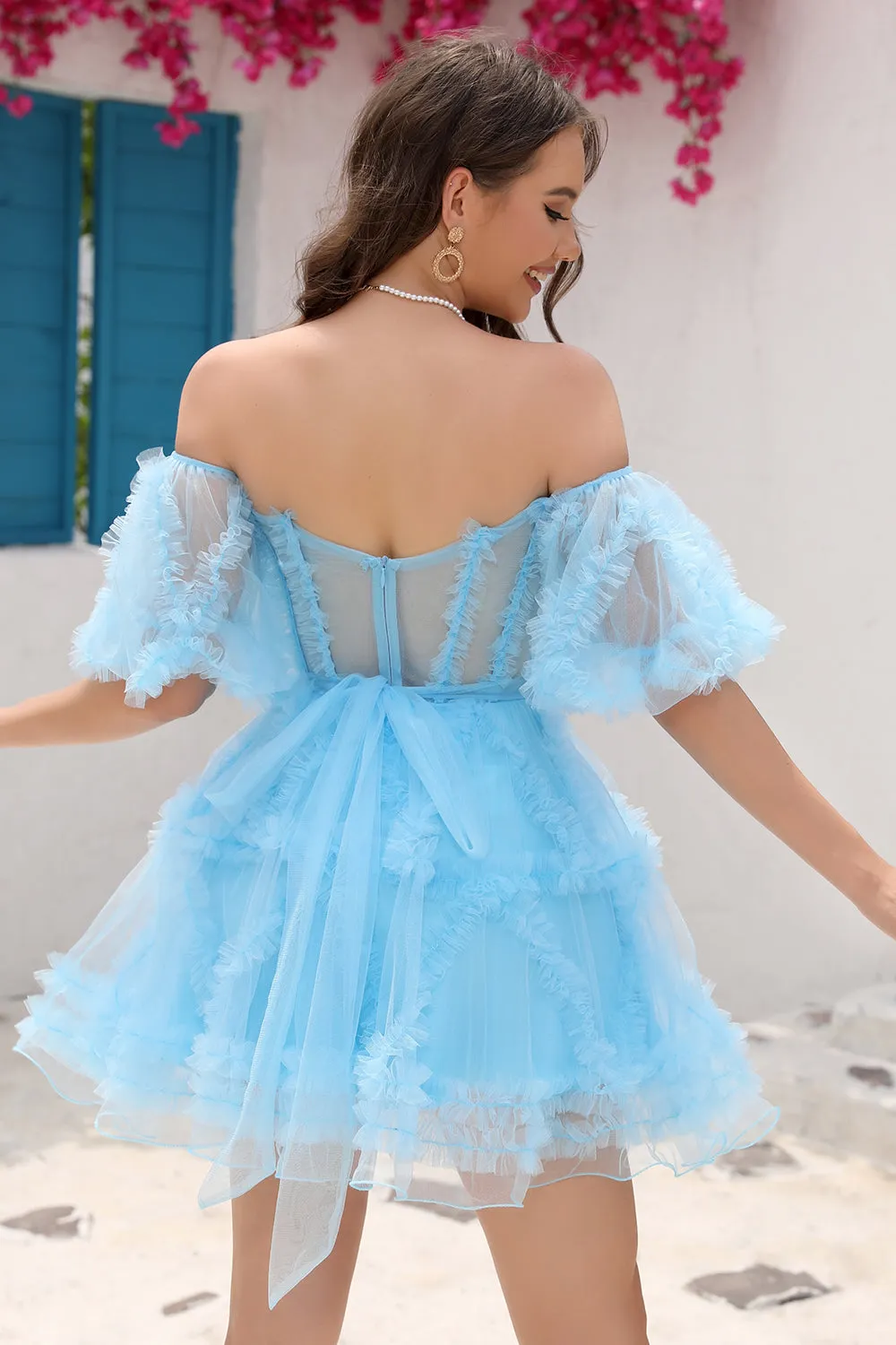 Pink Off-the-Shoulder A-Line Tulle Homecoming Dress