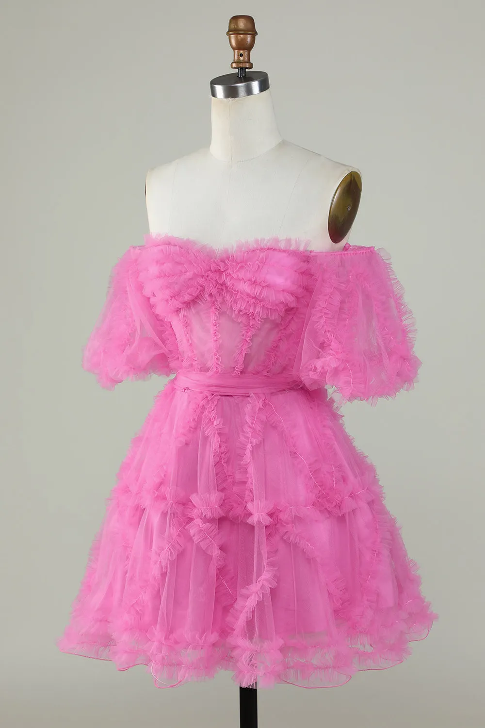 Pink Off-the-Shoulder A-Line Tulle Homecoming Dress