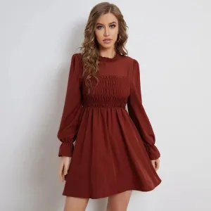 Pleated Long-Sleeved Ruffled Neck Mini Dress Burgundy