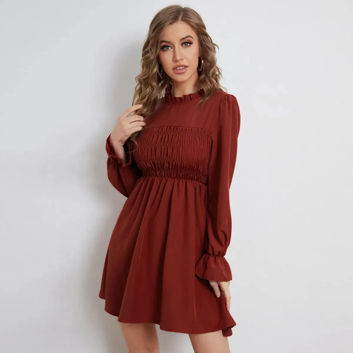 Pleated Long-Sleeved Ruffled Neck Mini Dress Burgundy