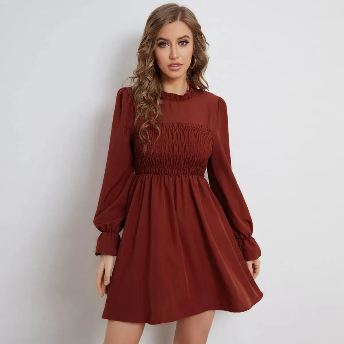 Pleated Long-Sleeved Ruffled Neck Mini Dress Burgundy