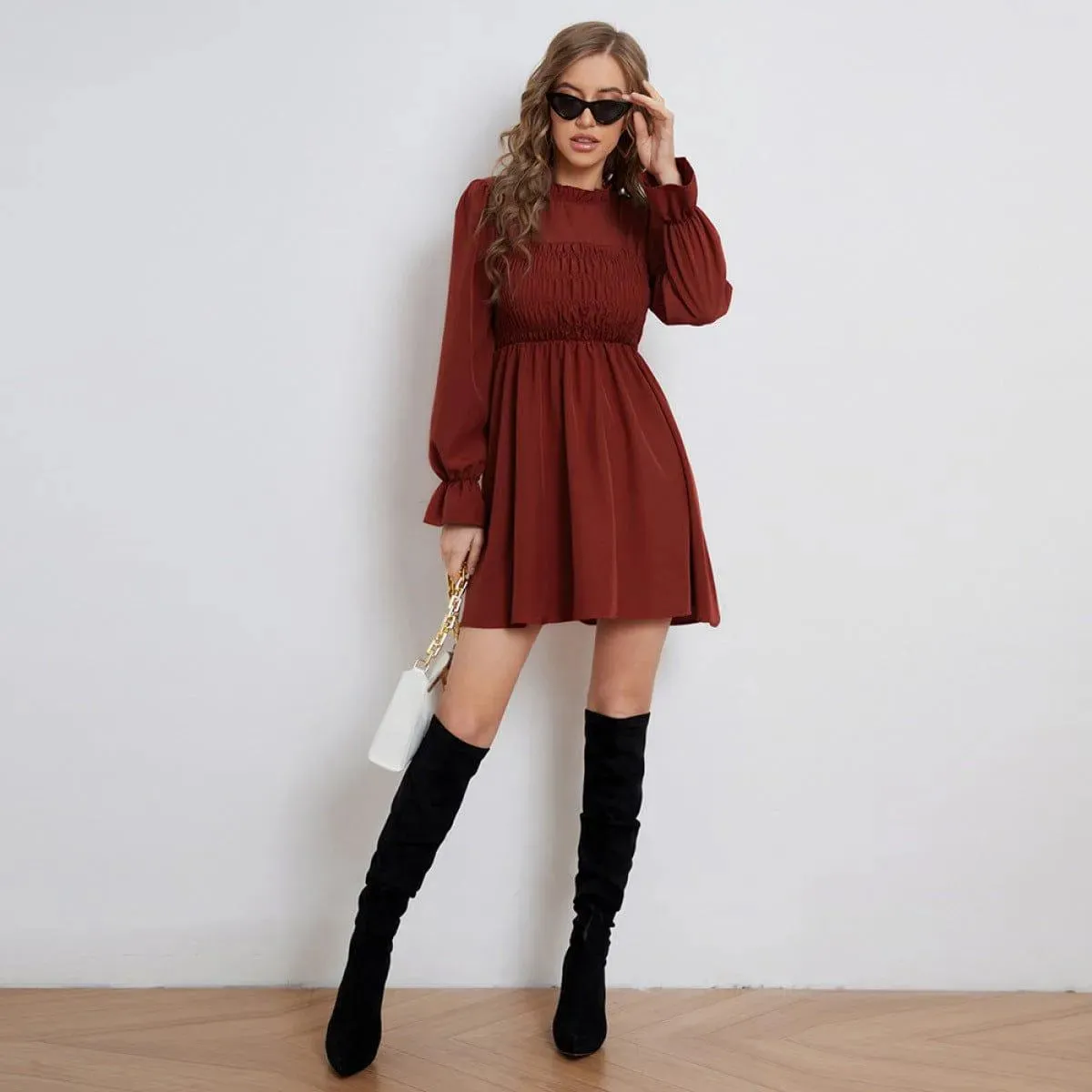 Pleated Long-Sleeved Ruffled Neck Mini Dress Burgundy