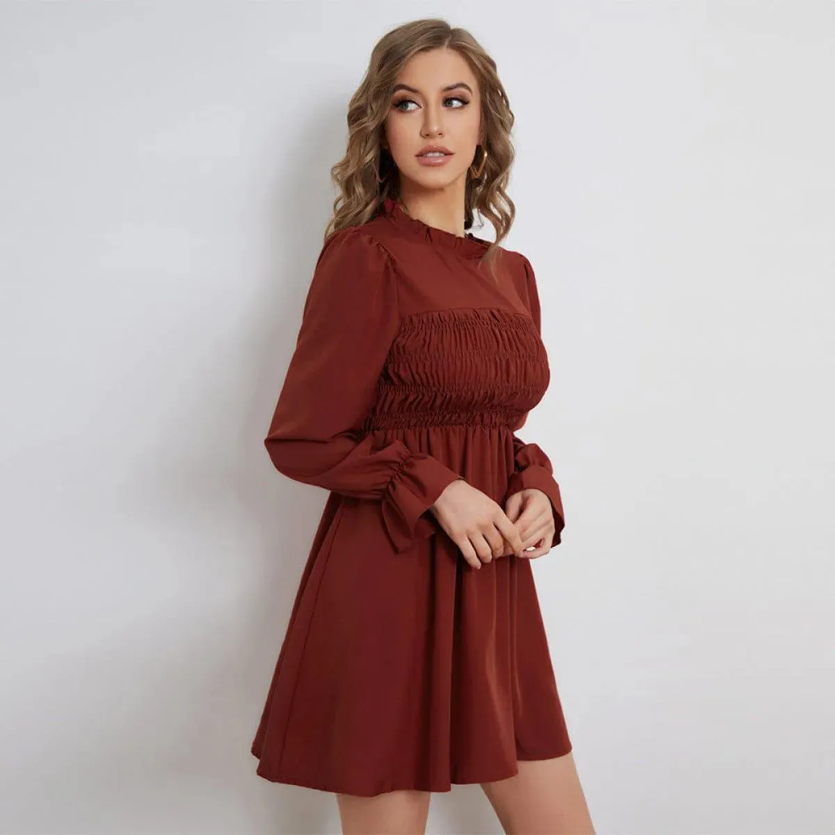 Pleated Long-Sleeved Ruffled Neck Mini Dress Burgundy