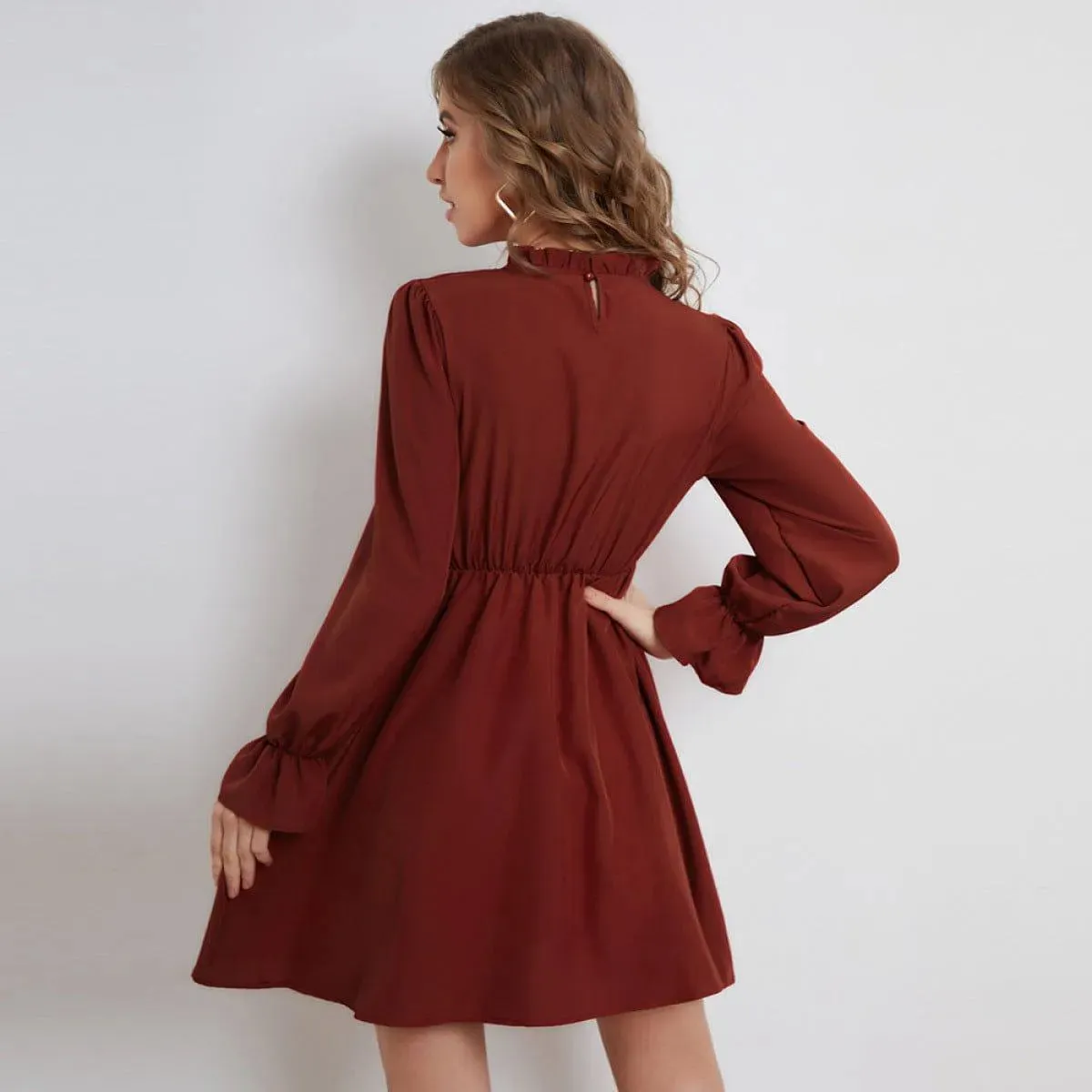 Pleated Long-Sleeved Ruffled Neck Mini Dress Burgundy