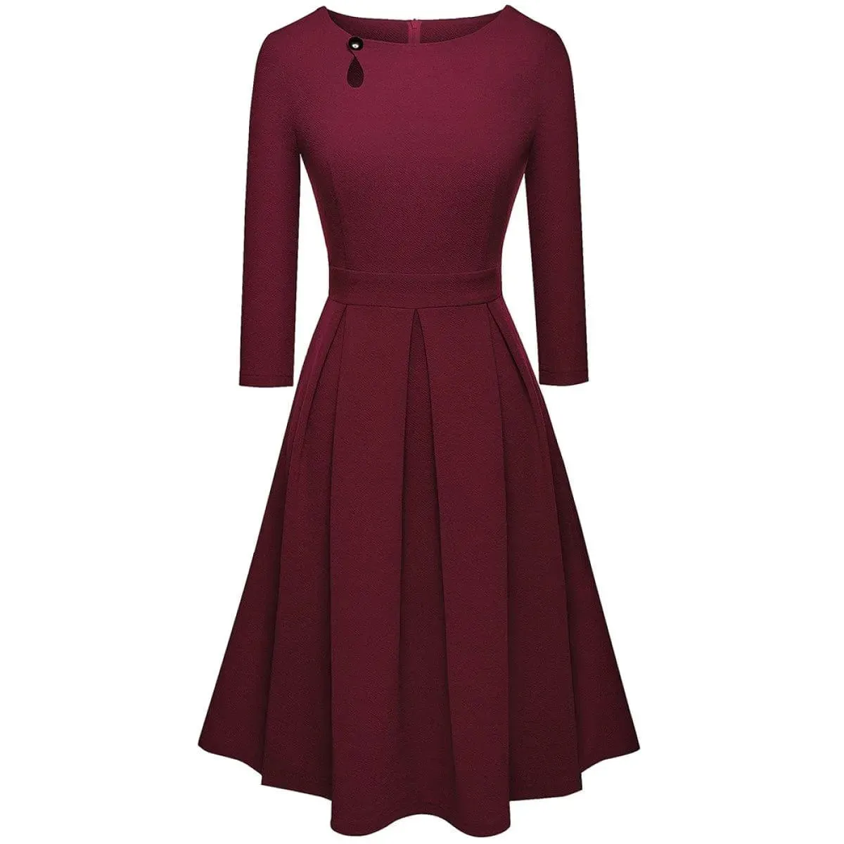 Pleated Round-neck With Button 3/4 Sleeve Mini Dress