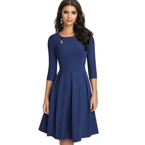 Pleated Round-neck With Button 3/4 Sleeve Mini Dress