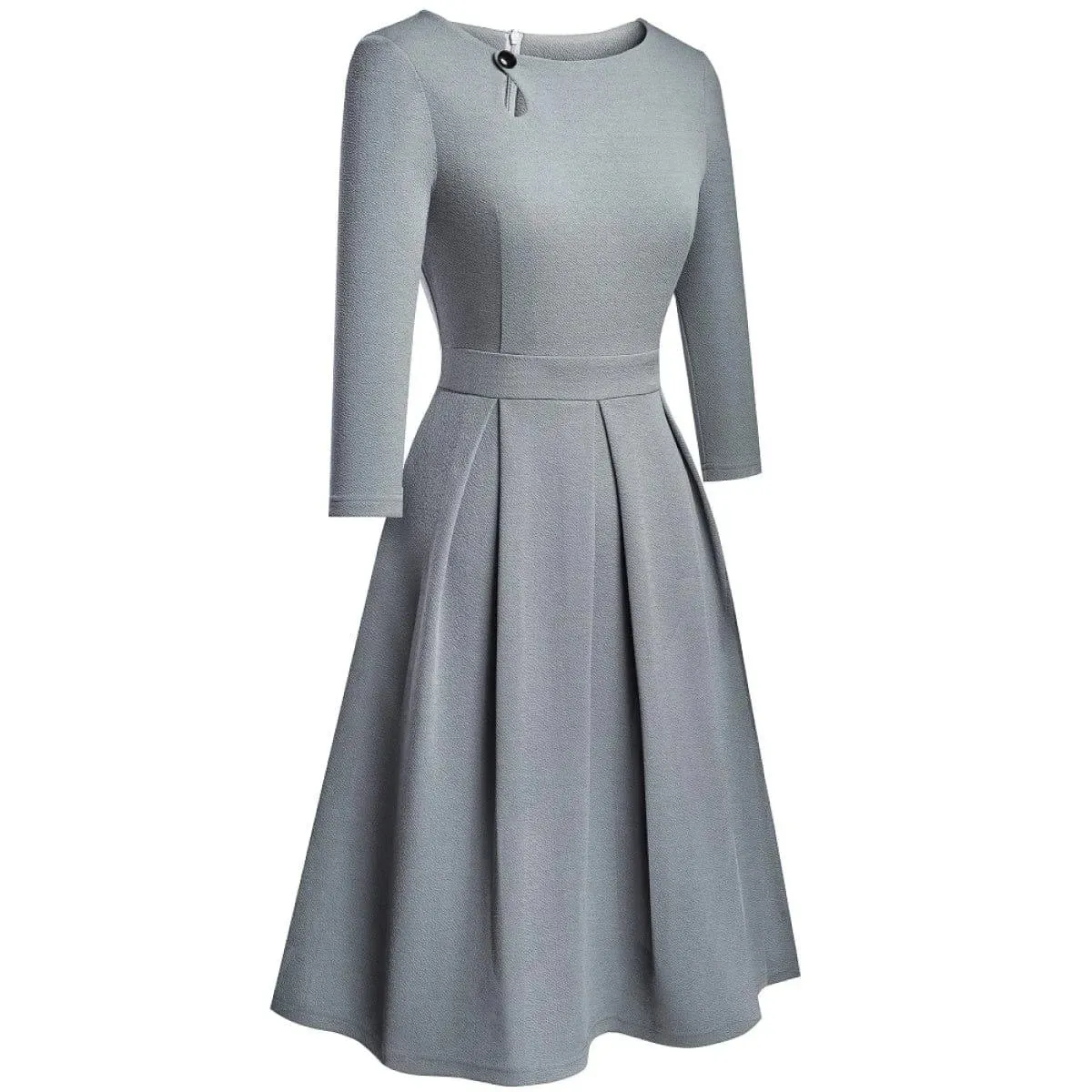 Pleated Round-neck With Button 3/4 Sleeve Mini Dress