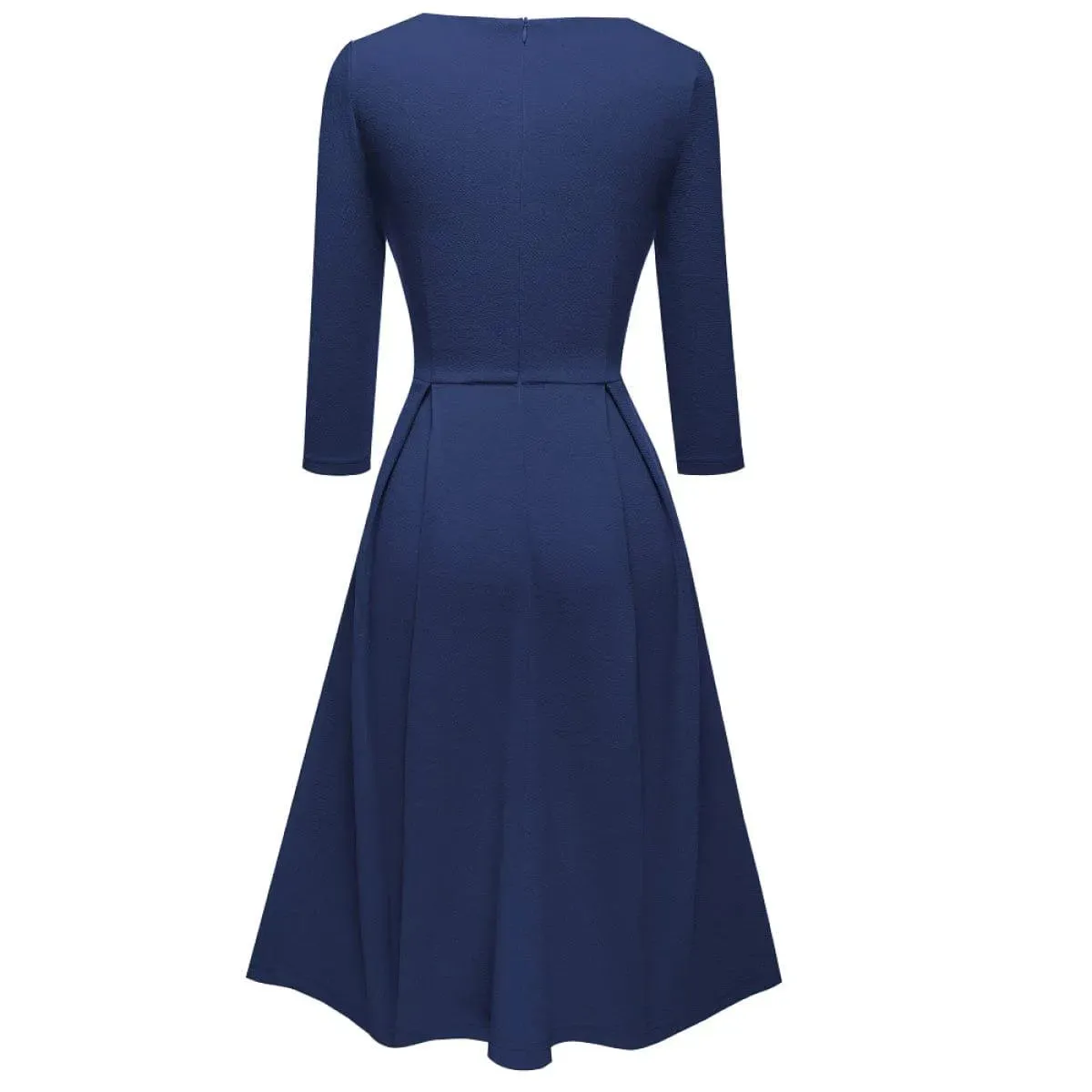 Pleated Round-neck With Button 3/4 Sleeve Mini Dress