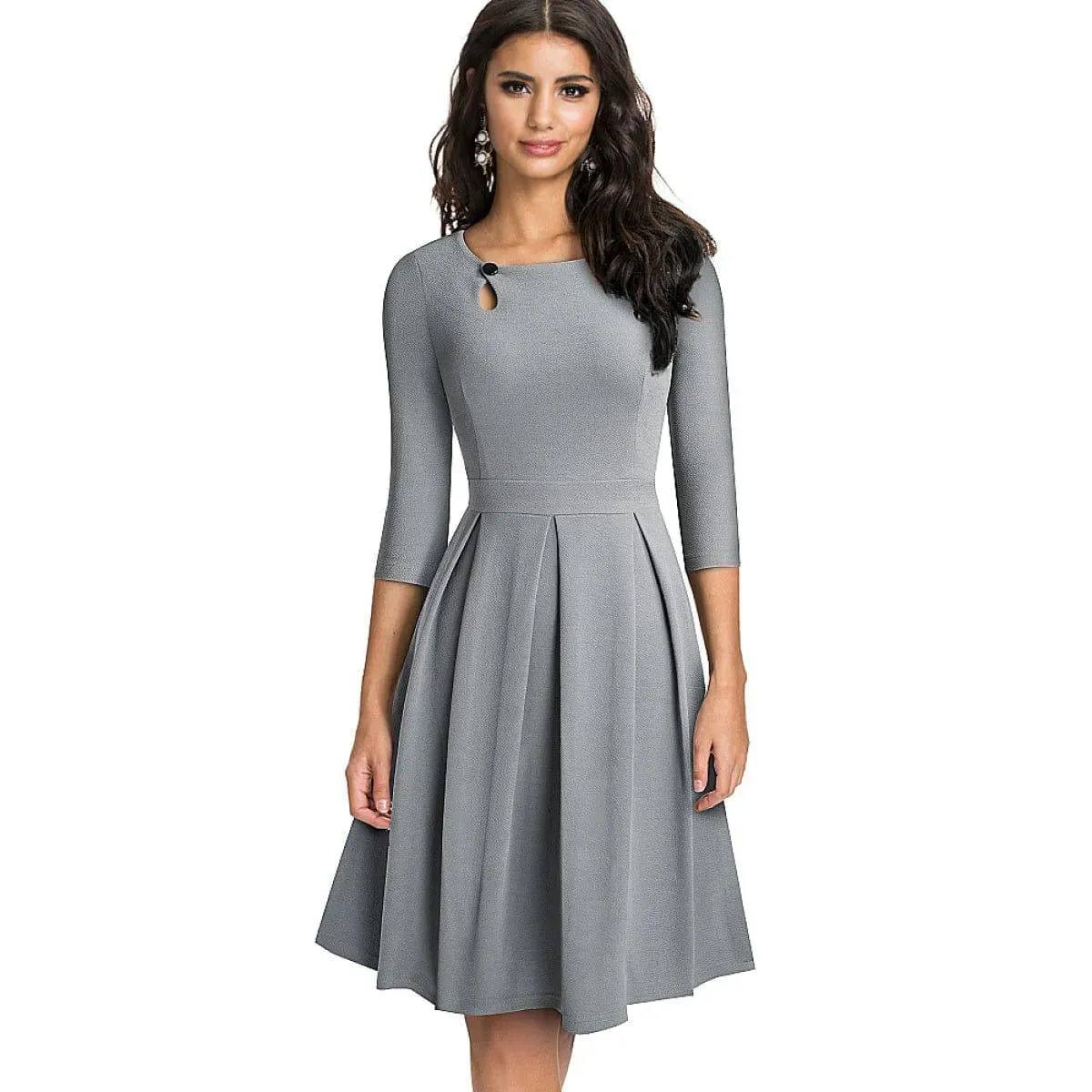 Pleated Round-neck With Button 3/4 Sleeve Mini Dress