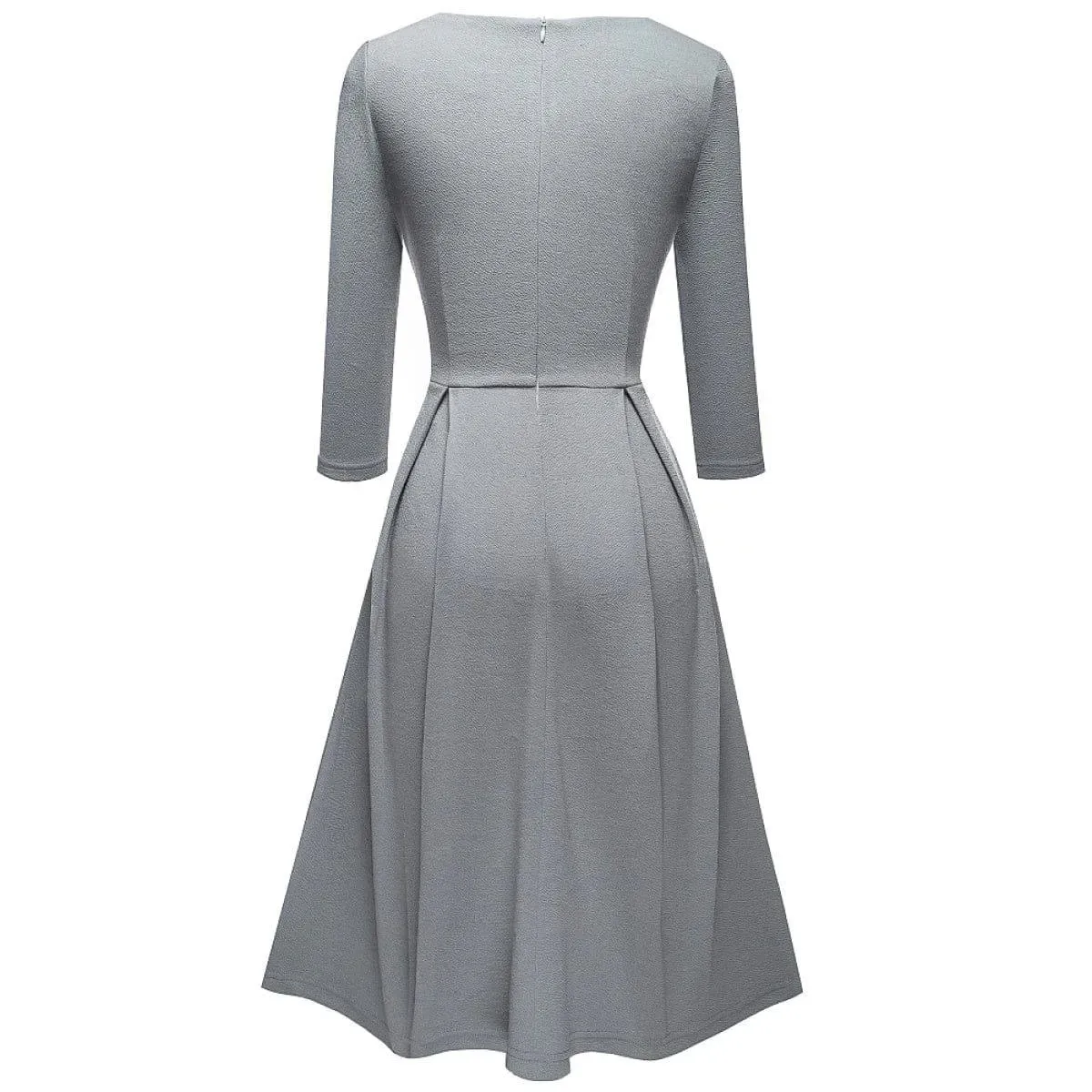 Pleated Round-neck With Button 3/4 Sleeve Mini Dress