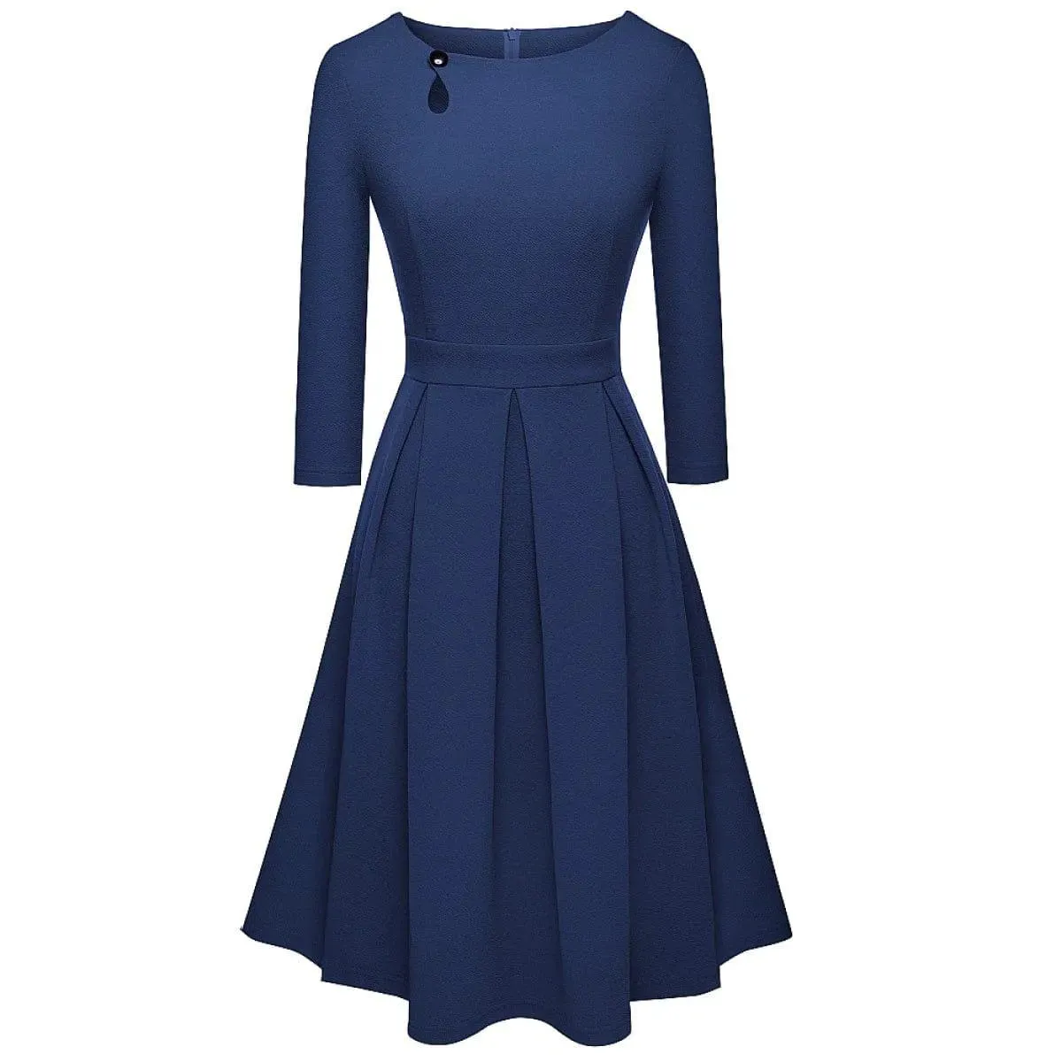 Pleated Round-neck With Button 3/4 Sleeve Mini Dress