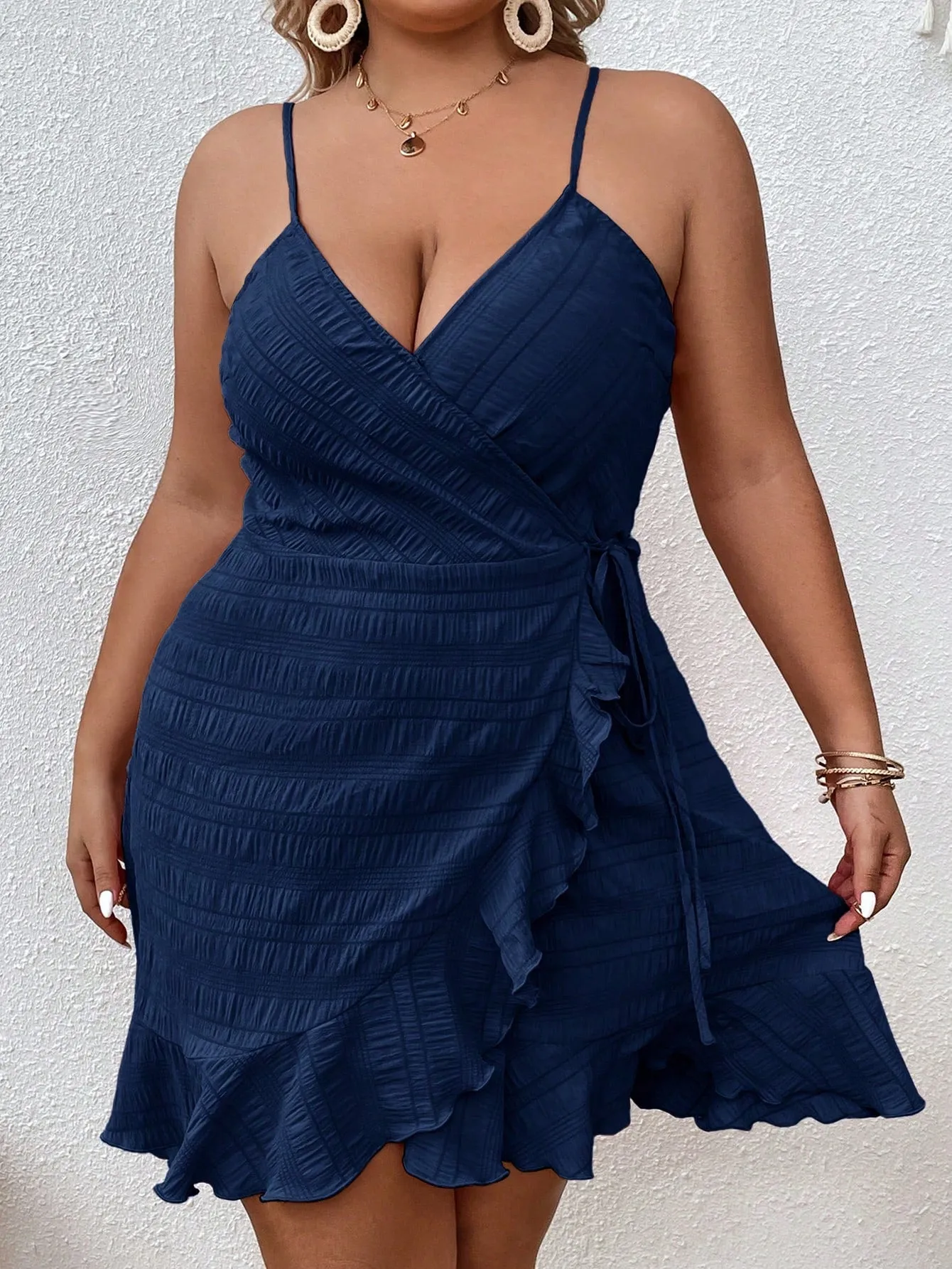 Plus Size Casual Wrap Dress - Ruffle Trim, Self-Tie, Spaghetti Strap, High Waist