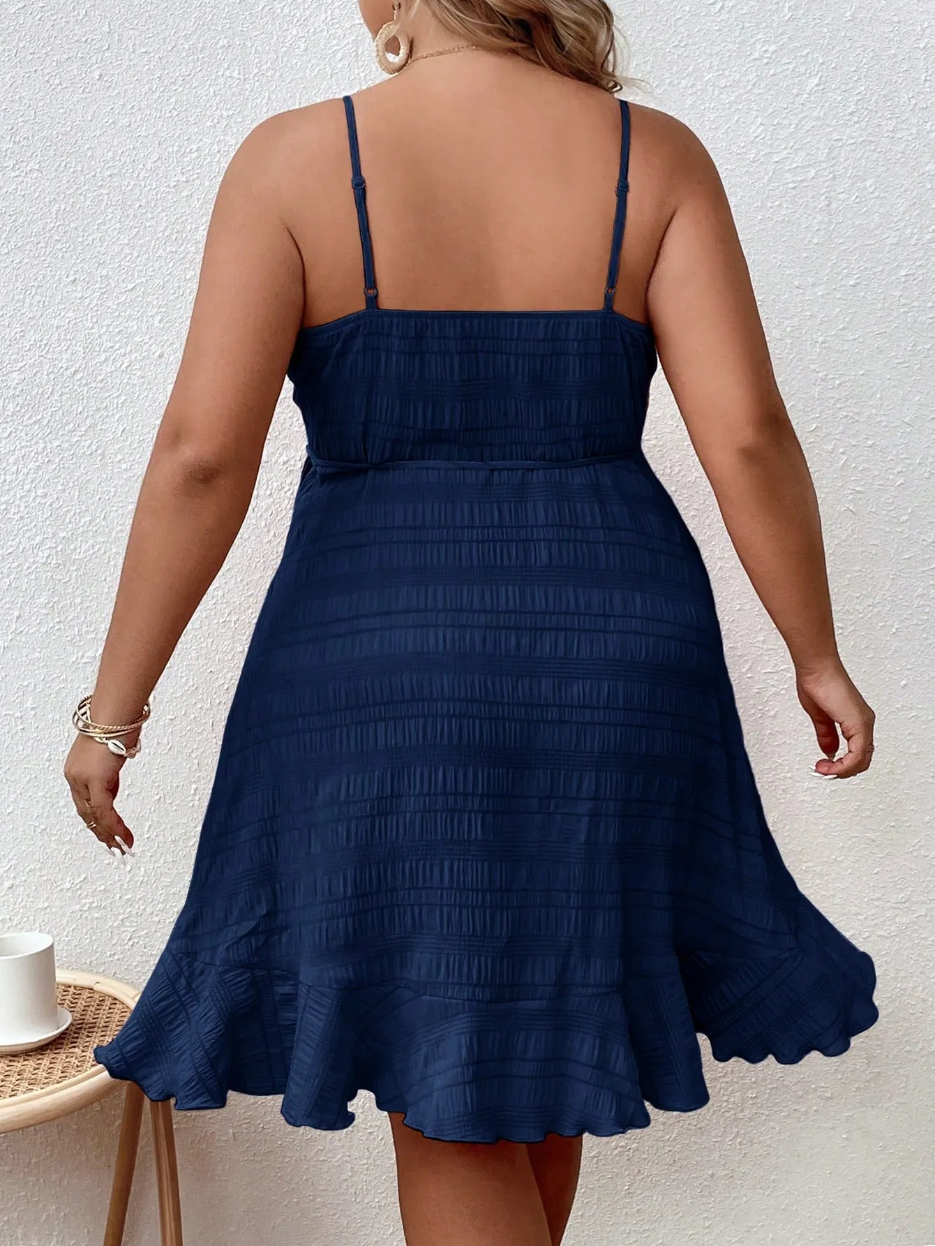 Plus Size Casual Wrap Dress - Ruffle Trim, Self-Tie, Spaghetti Strap, High Waist