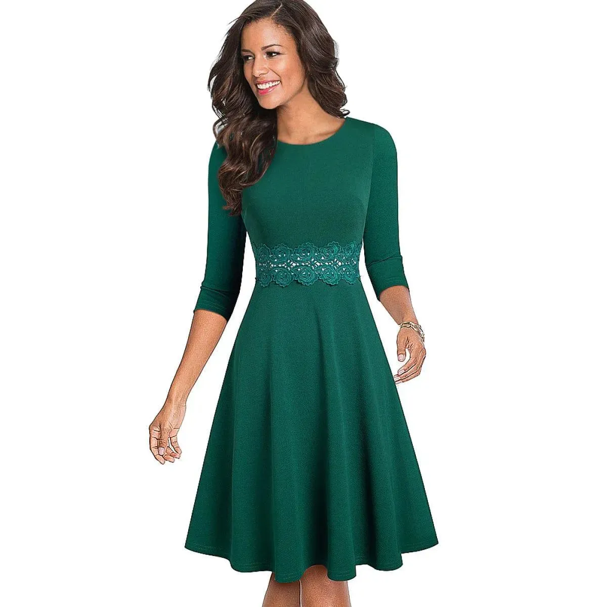 Round Neck Three-Quarter Sleeves Lace Stitching A-Line Mini Dress