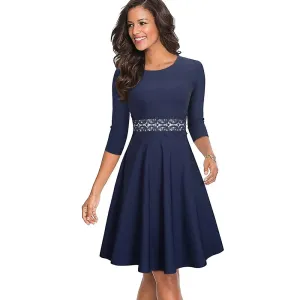 Round Neck Three-Quarter Sleeves Lace Stitching A-Line Mini Dress