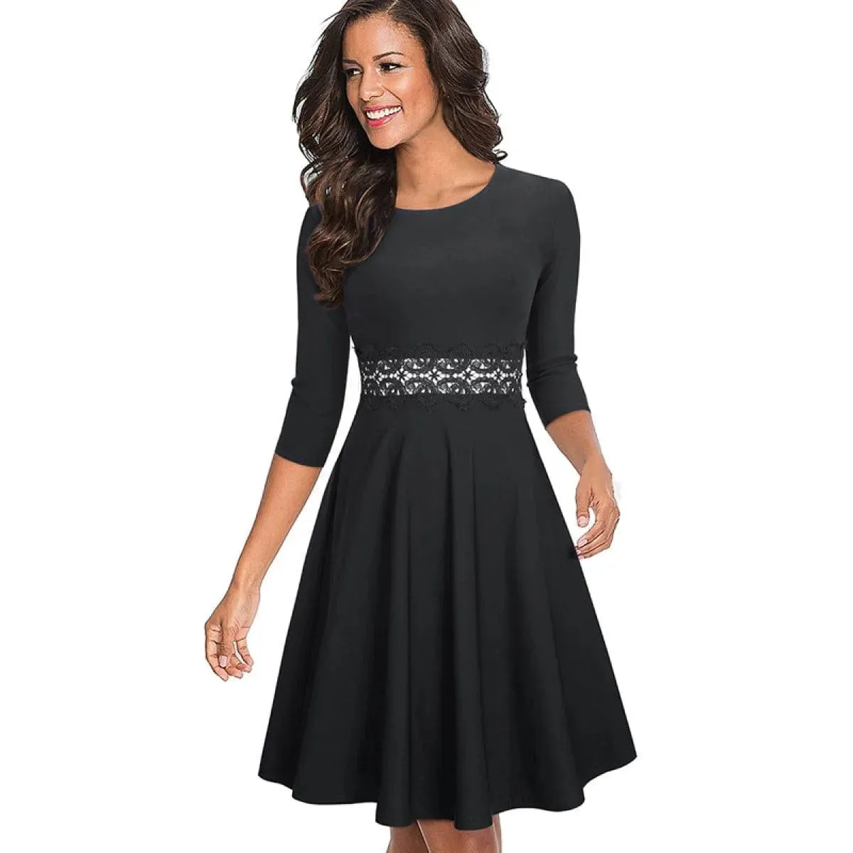 Round Neck Three-Quarter Sleeves Lace Stitching A-Line Mini Dress