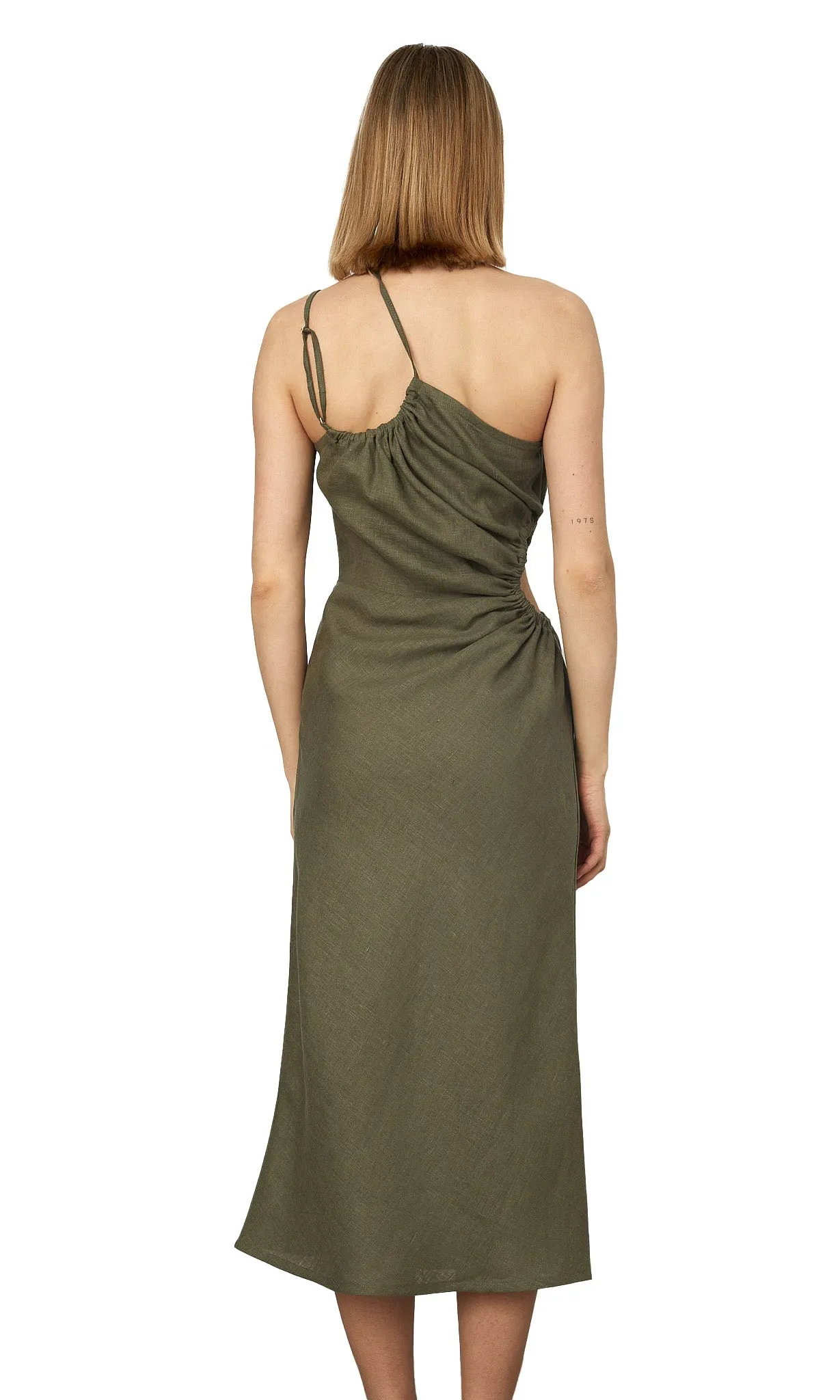 RUCHED ONE-SHOULDER KHAKI DRESS