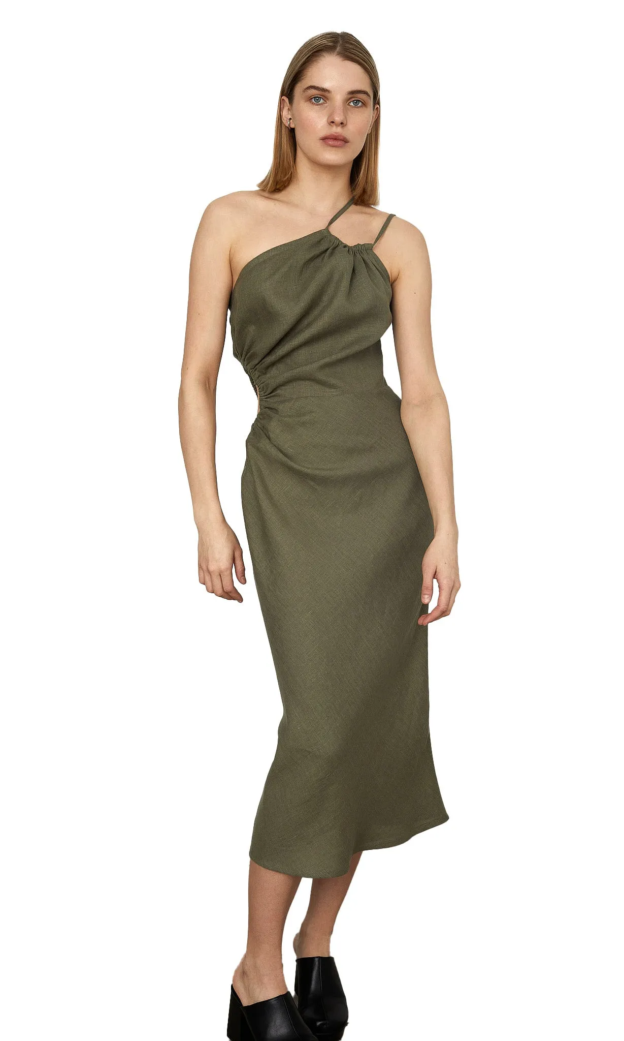 RUCHED ONE-SHOULDER KHAKI DRESS