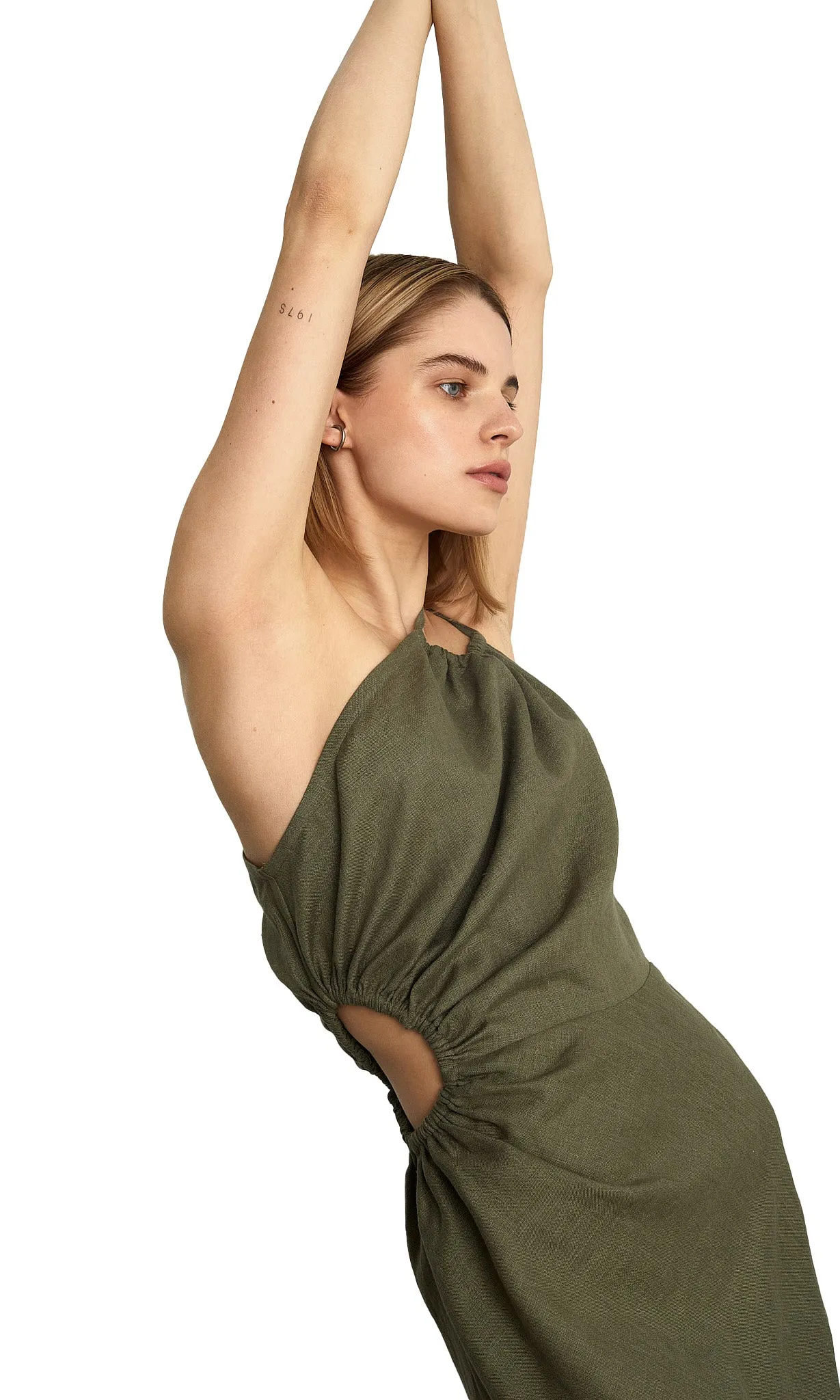 RUCHED ONE-SHOULDER KHAKI DRESS