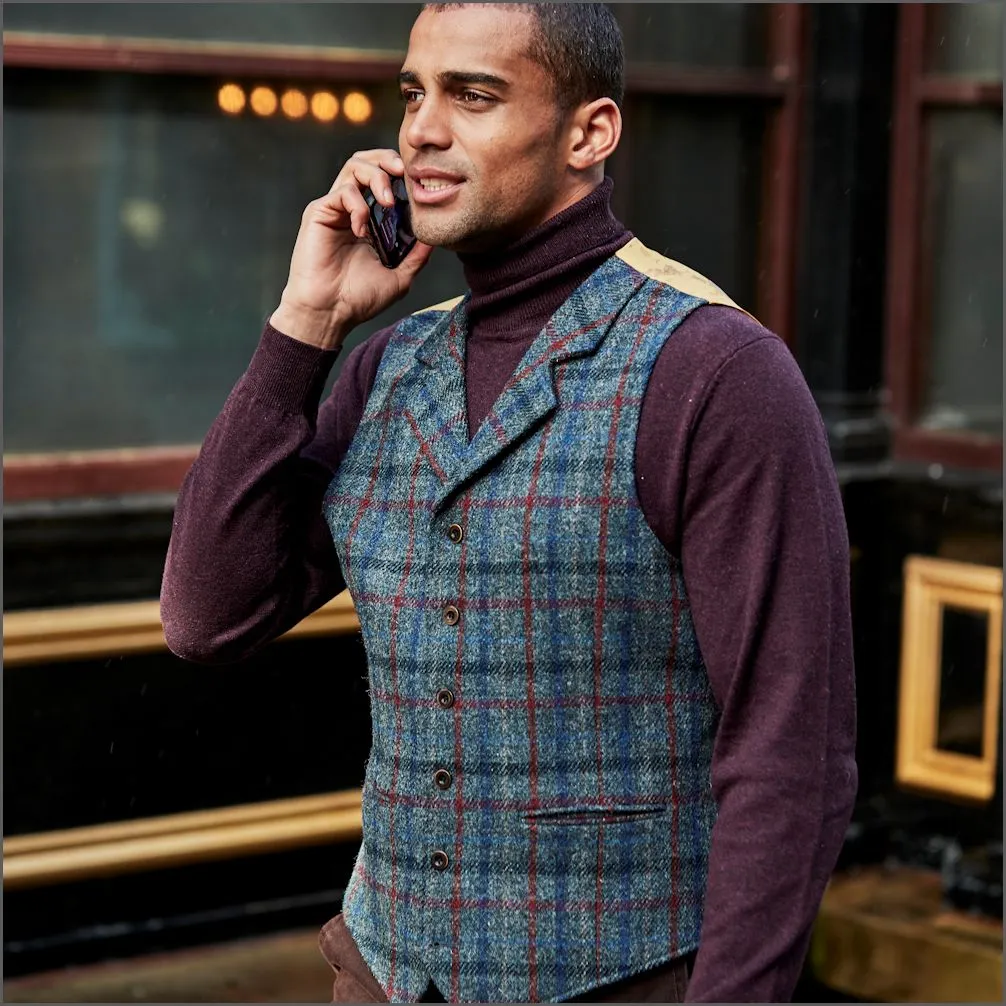 Scarista Blue with Wine over check. Harris Tweed Waistcoat--