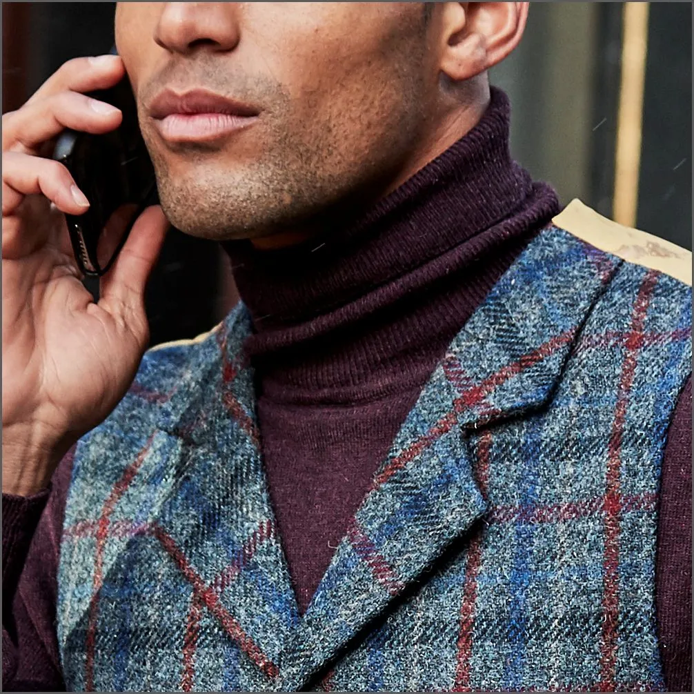 Scarista Blue with Wine over check. Harris Tweed Waistcoat--