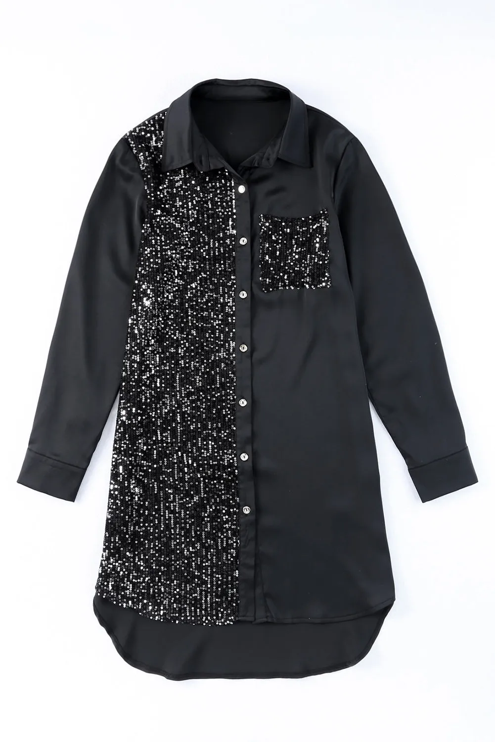 Sequin Button Front High-Low Shirt Dress