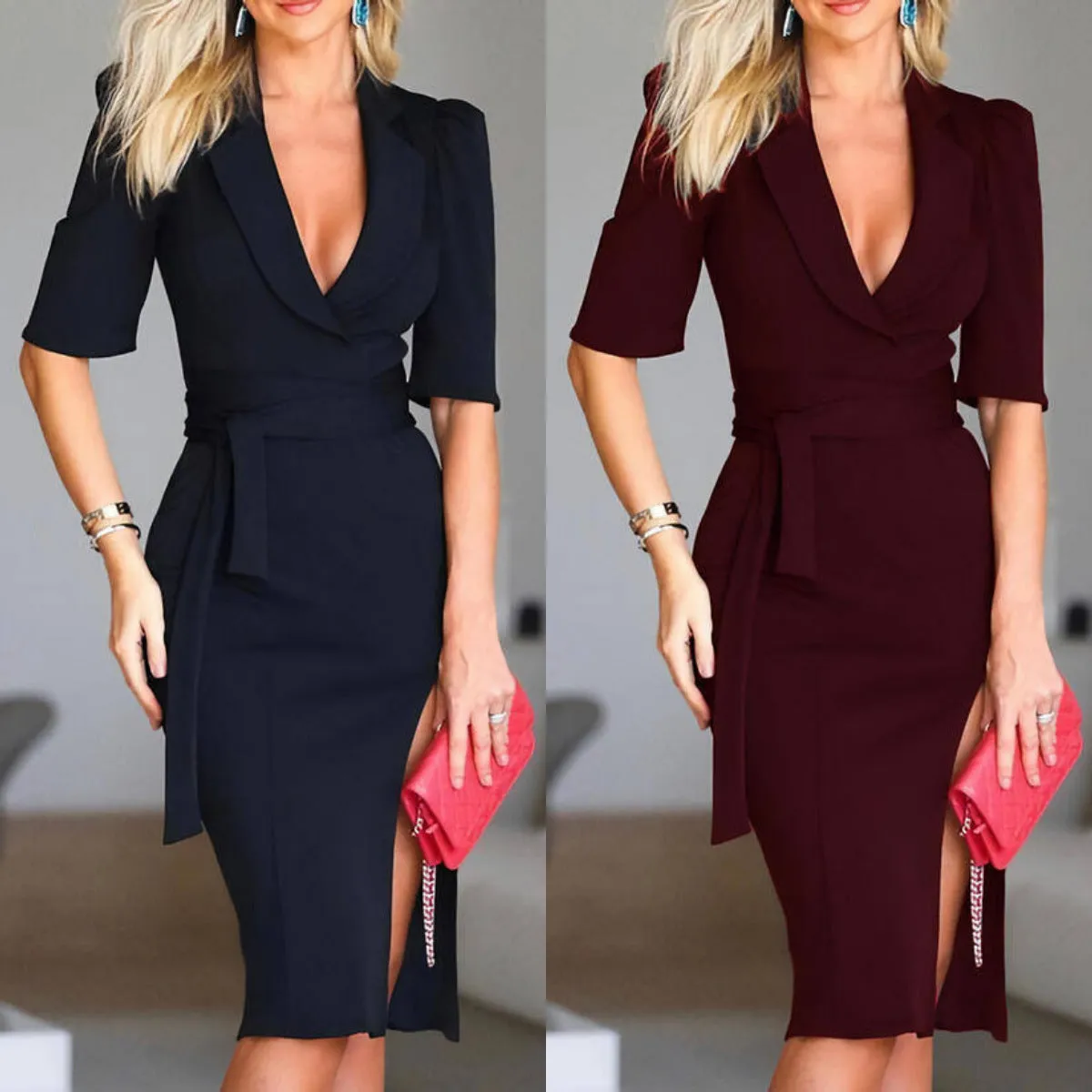 Sexy dress with five-quarter sleeves and deep V slit waist belt