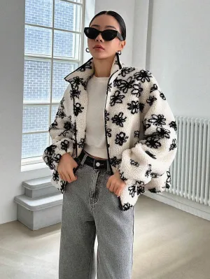 SHEIN DAZY Floral Print Drop Shoulder Teddy Jacket