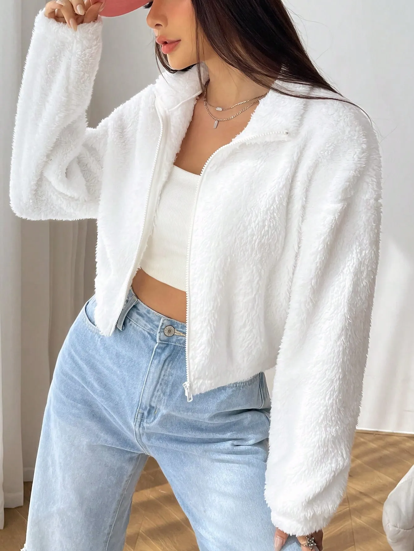 SHEIN EZwear Drop Shoulder Zip Up Drop Shoulder Teddy Jacket