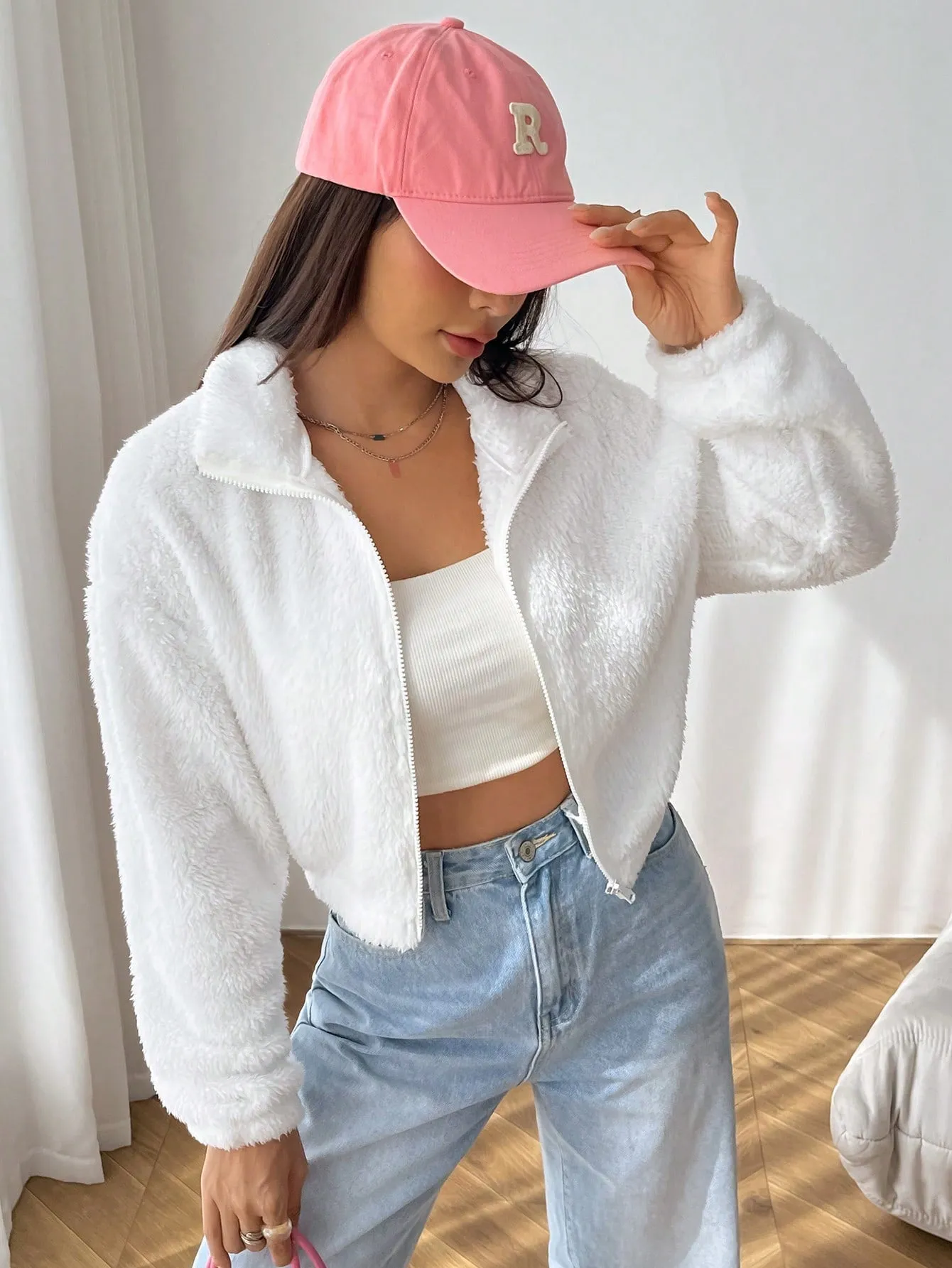 SHEIN EZwear Drop Shoulder Zip Up Drop Shoulder Teddy Jacket