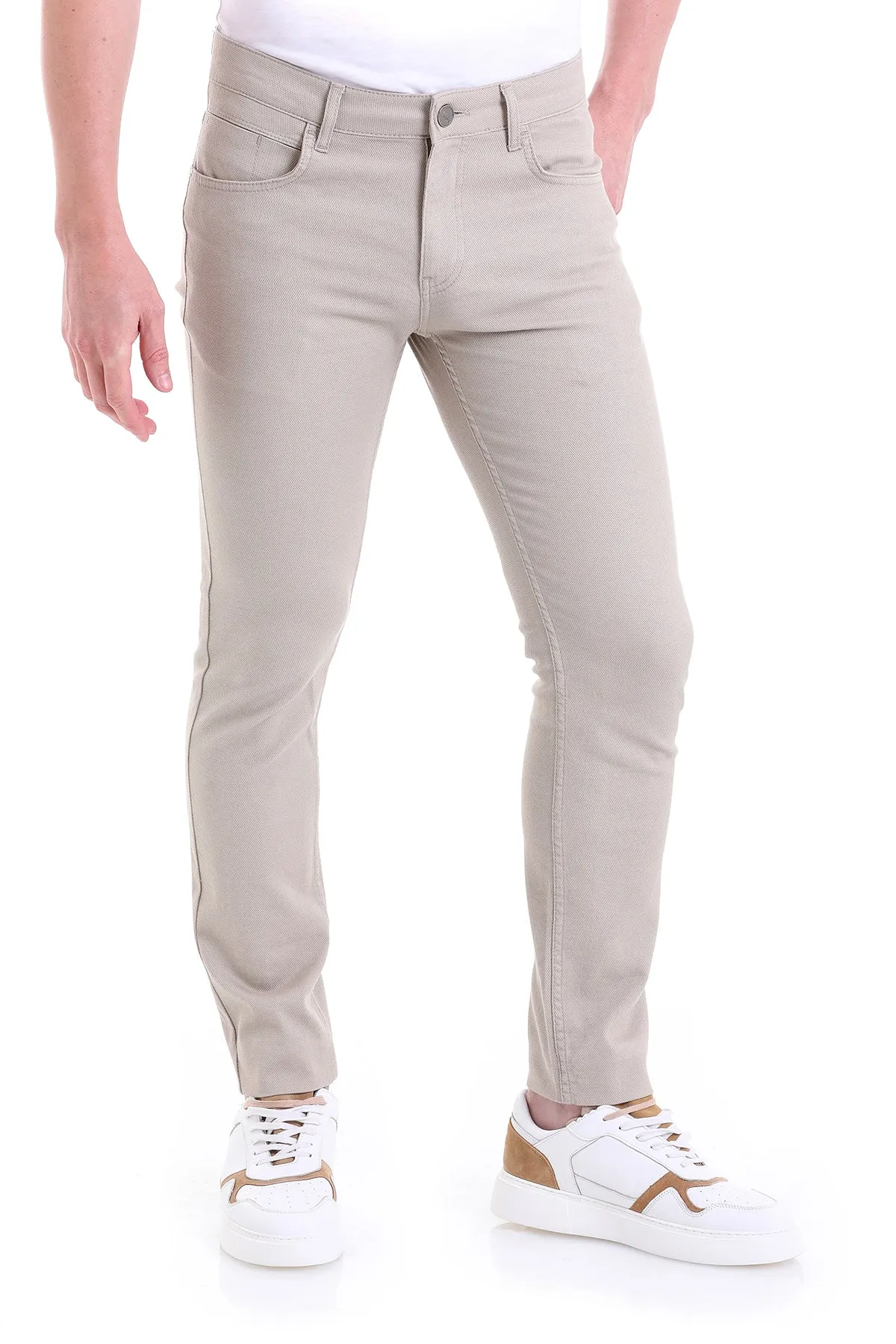 Slim Fit Low Waist Beige Cotton Casual Pants