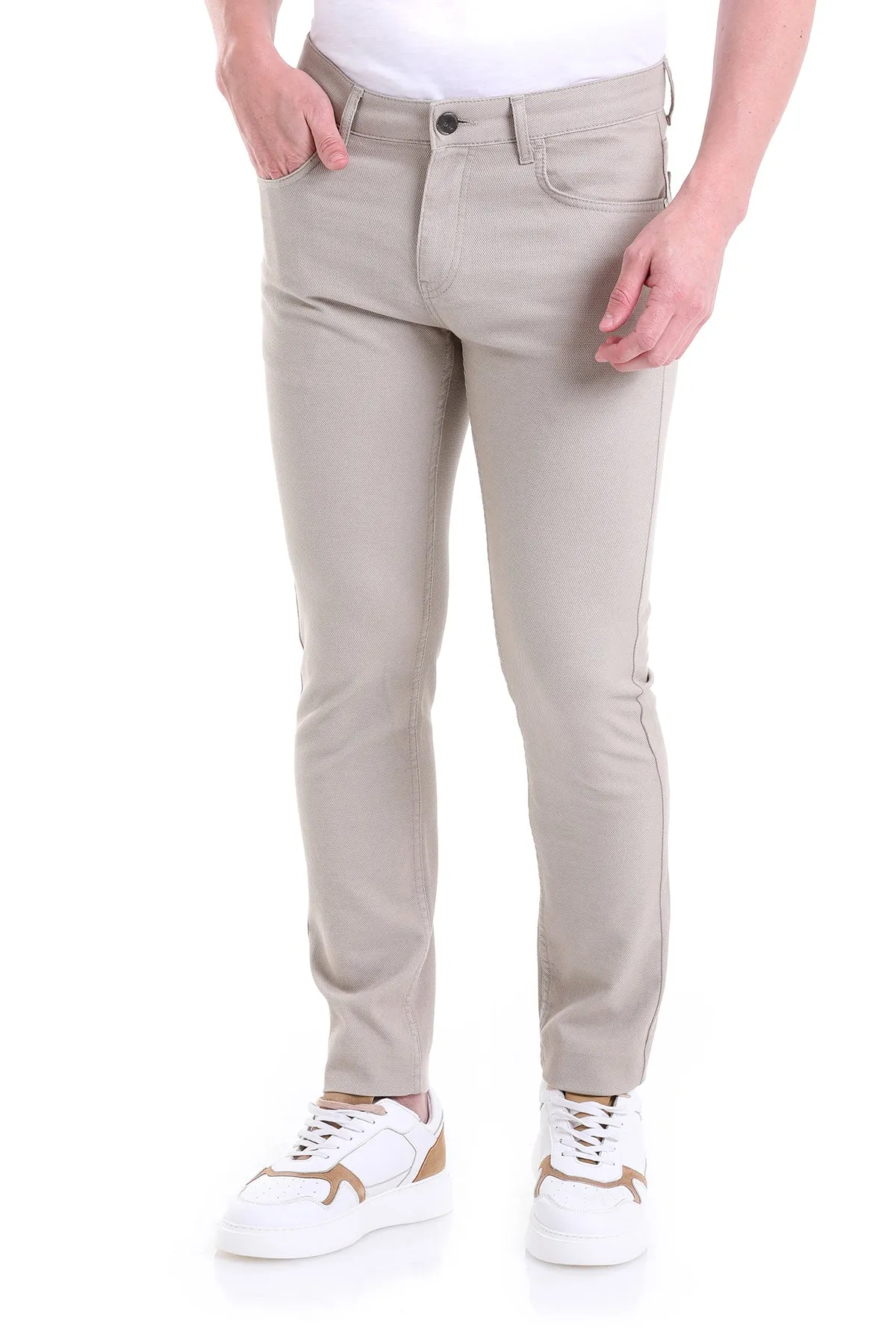 Slim Fit Low Waist Beige Cotton Casual Pants