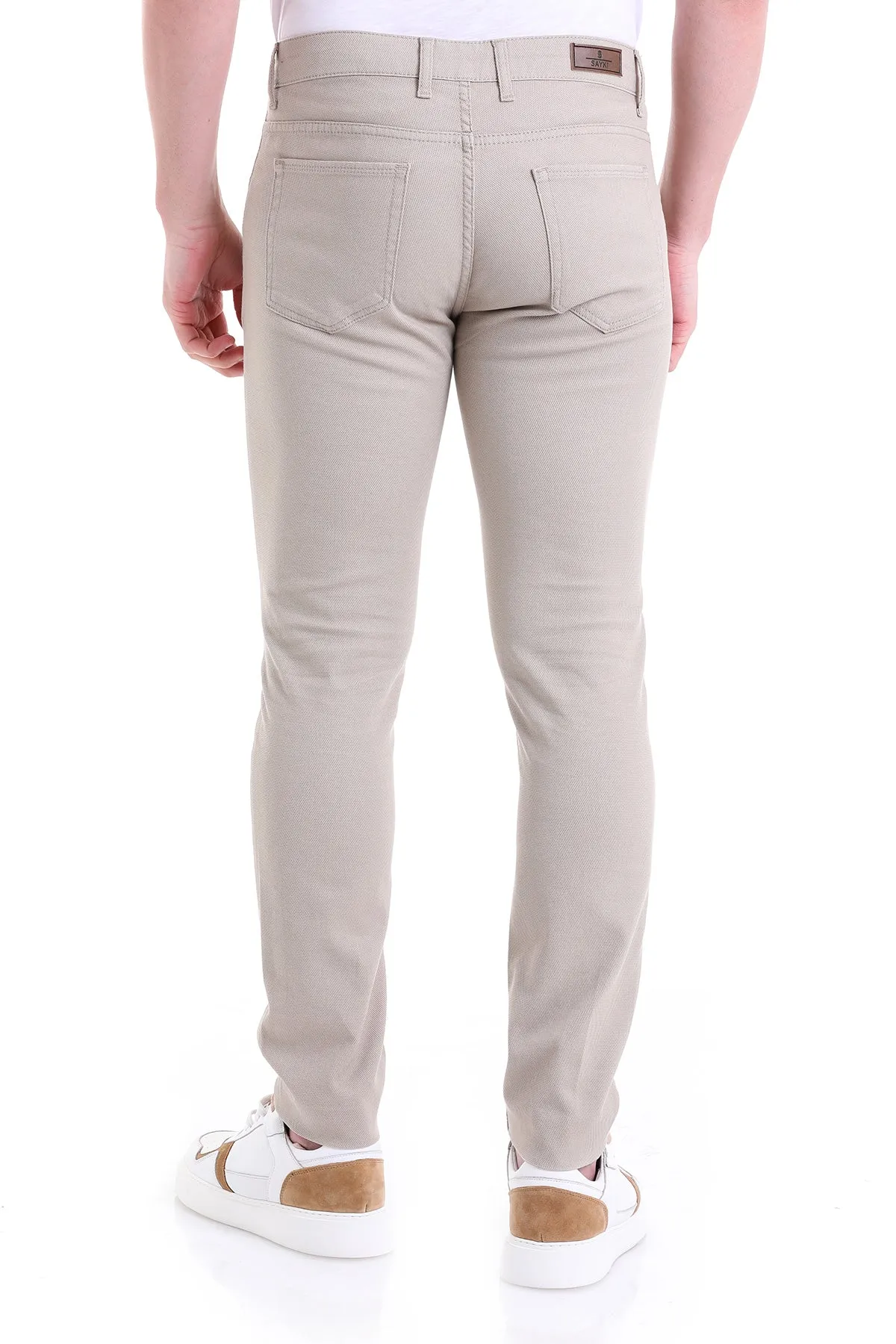 Slim Fit Low Waist Beige Cotton Casual Pants