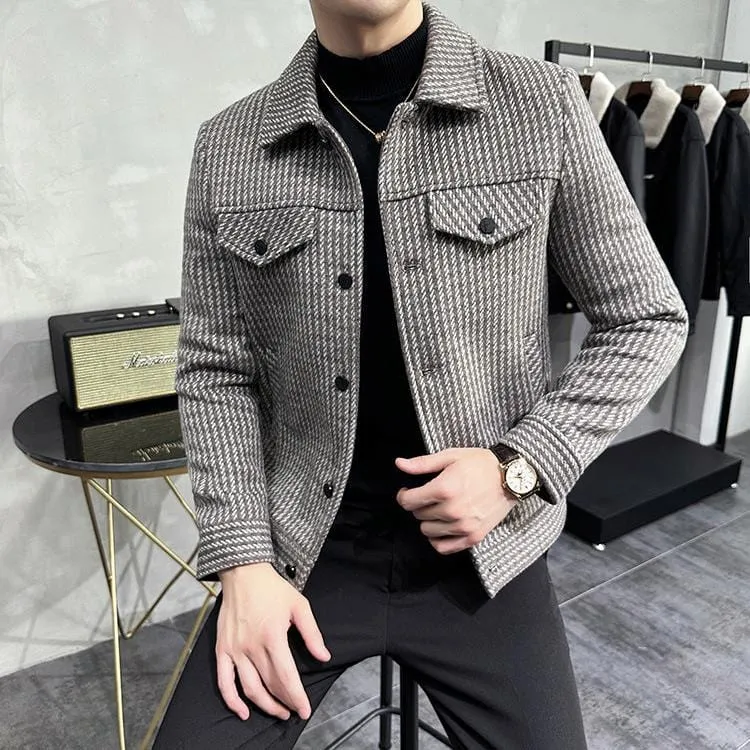 Sophisticated Striped Wool Men's Jacket - High-Quality British-Inspired Business Casual Coat