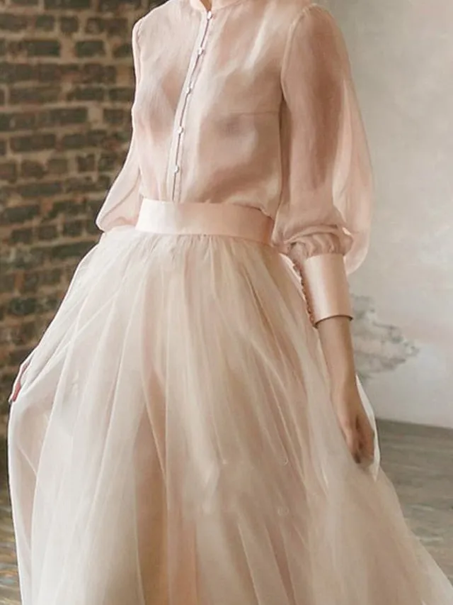 Two Piece Empire Minimalist Wedding Guest Formal Evening Birthday Dress Stand Collar Long Sleeve Floor Length Chiffon with Tier 2022