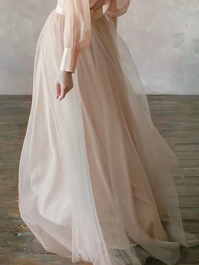 Two Piece Empire Minimalist Wedding Guest Formal Evening Birthday Dress Stand Collar Long Sleeve Floor Length Chiffon with Tier 2022