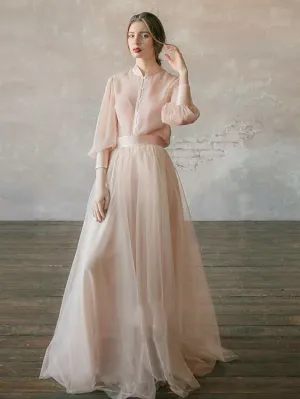 Two Piece Empire Minimalist Wedding Guest Formal Evening Birthday Dress Stand Collar Long Sleeve Floor Length Chiffon with Tier 2022