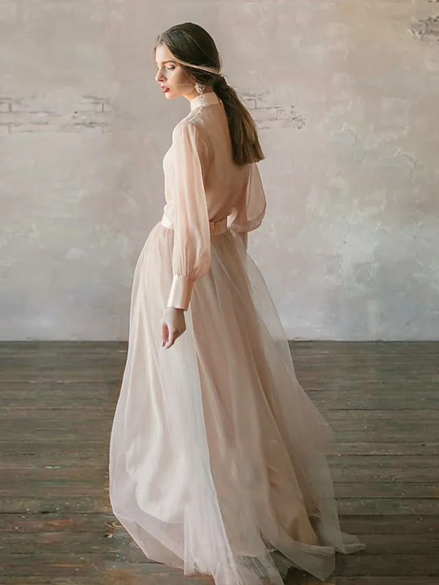 Two Piece Empire Minimalist Wedding Guest Formal Evening Birthday Dress Stand Collar Long Sleeve Floor Length Chiffon with Tier 2022