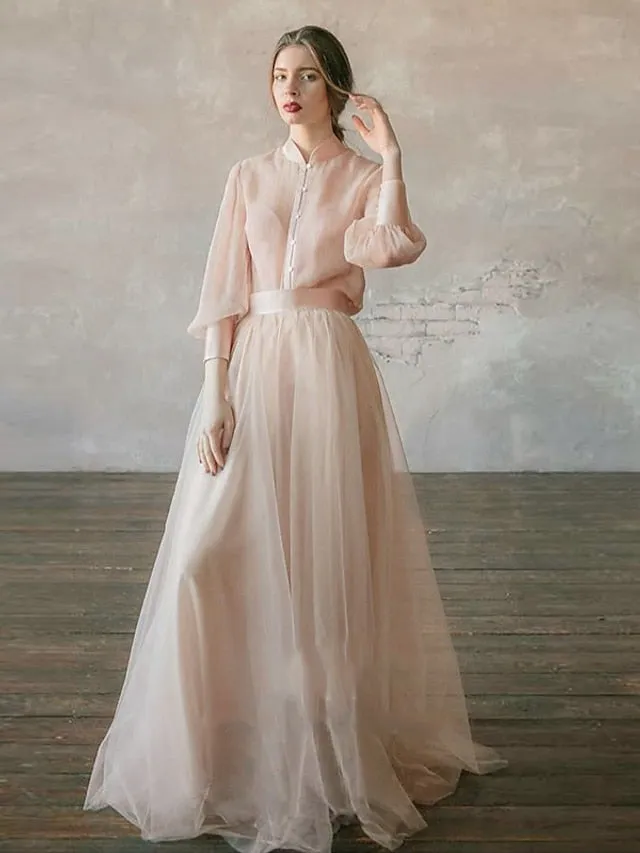 Two Piece Empire Minimalist Wedding Guest Formal Evening Birthday Dress Stand Collar Long Sleeve Floor Length Chiffon with Tier 2022